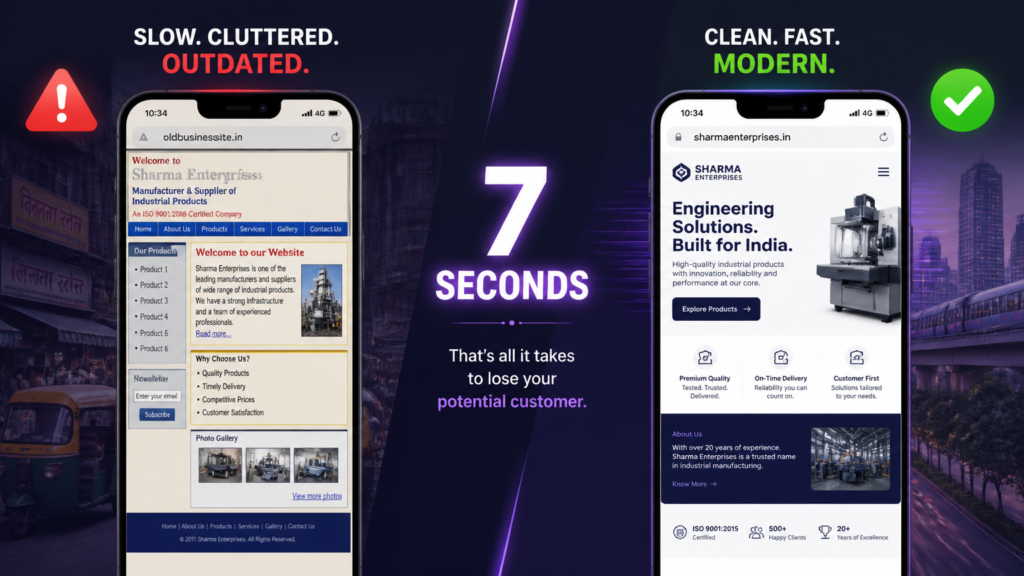 Comparison: old, cluttered website on left vs. modern, clean site on right to show effect on users in 7 seconds.