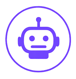 Purple robot head icon inside a circular border, representing a chatbot or AI assistant.