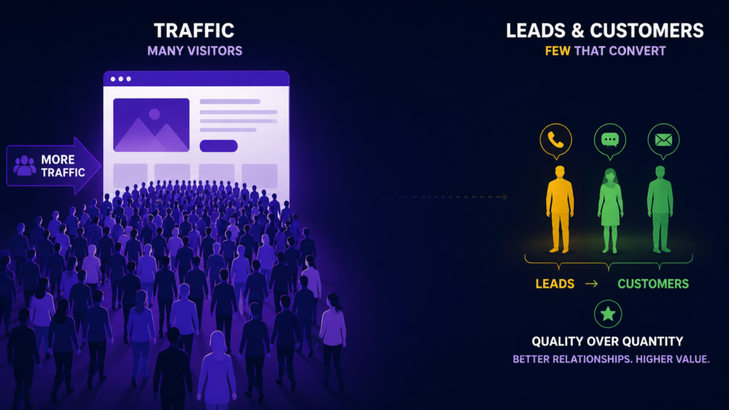 Large crowd flows toward a purple website window labeled More Traffic, left; three colored figures on the right represent leads becoming customers, with messaging icons above them.