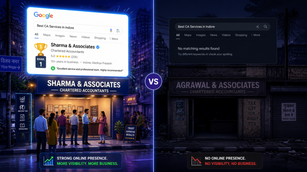 Split-screen comparison: left shows Google search results for 'Best CA Services in Indore' with Sharma & Associates; right shows no results for the same query and a dark search panel.