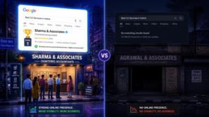 Split-screen comparison: left shows Google search results for 'Best CA Services in Indore' with Sharma & Associates; right shows no results for the same query and a dark search panel.
