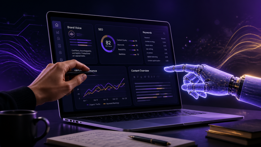 Human hand and a translucent robotic hand point at a laptop screen showing futuristic analytics dashboards (SEO, keywords, content overview).