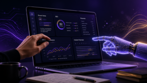 Human hand and a translucent robotic hand point at a laptop screen showing futuristic analytics dashboards (SEO, keywords, content overview).