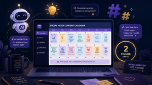 Laptop screen shows a 'Social Media Content Calendar' UI on a dark, futuristic desk with a friendly AI robot nearby, emphasizing planning posts.