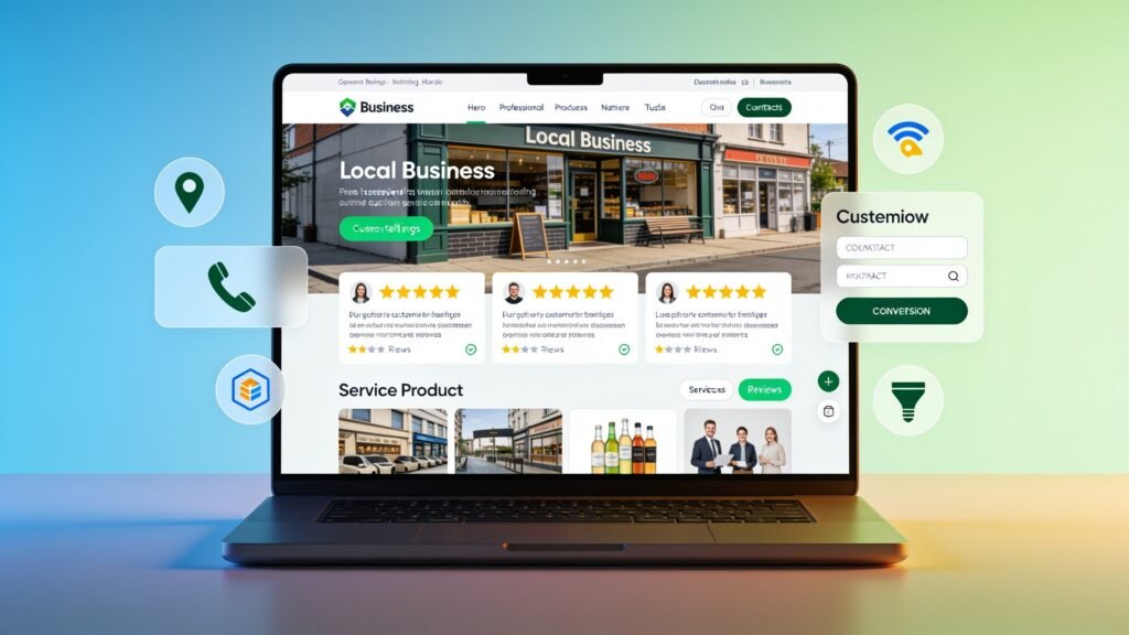 Laptop displaying a business website mockup with a storefront hero and customer review cards surrounded by floating icons against a colorful gradient background.