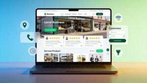 Laptop displaying a business website mockup with a storefront hero and customer review cards surrounded by floating icons against a colorful gradient background.