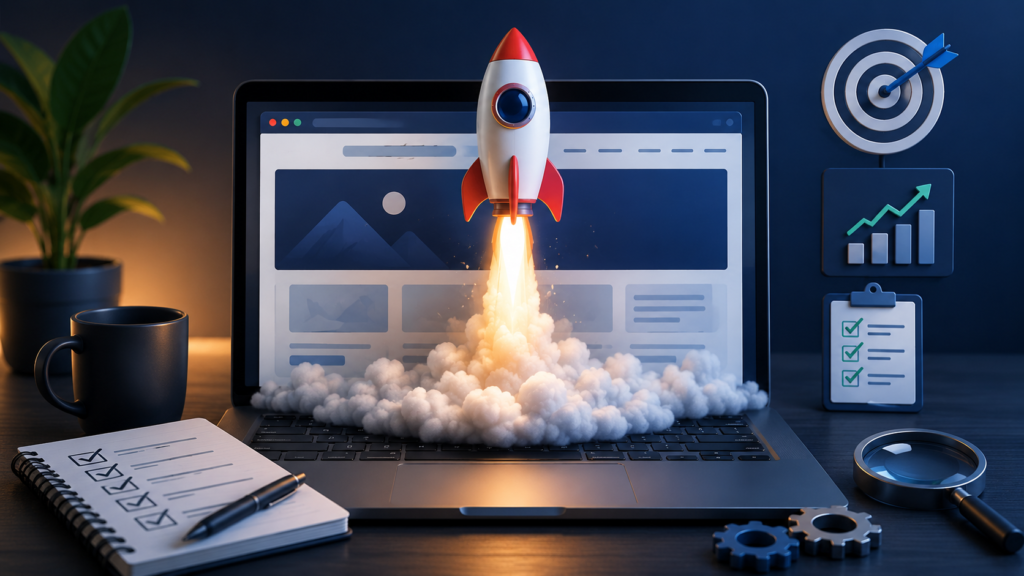 Rocket launching from a laptop screen, symbolizing a startup launch or digital growth growth goals being achieved.