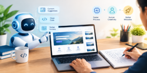 Robot assistant points to a laptop screen showing a web design with bubbles: Content Suggestions, Clean Code, Design Variants.